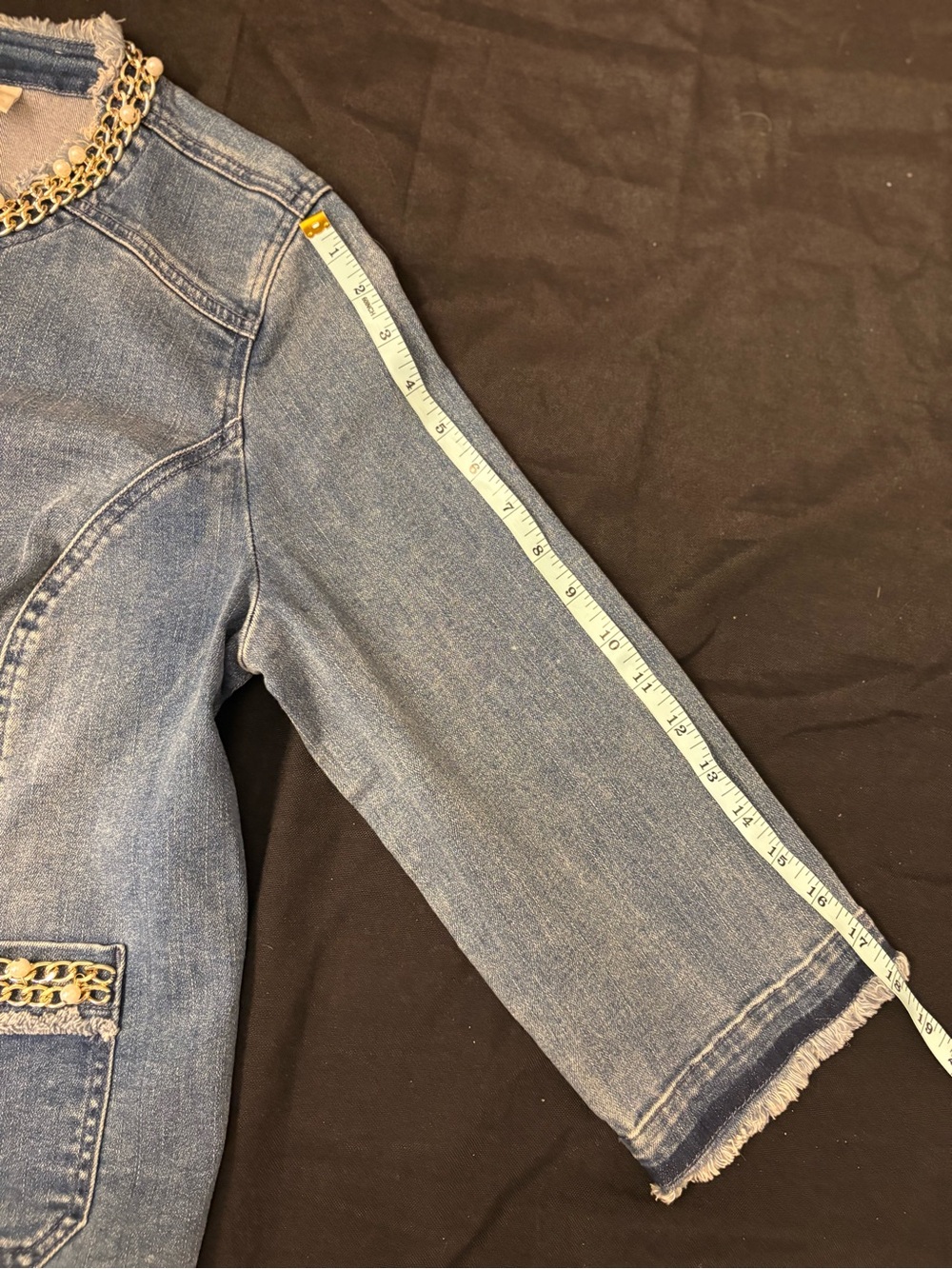 Chico's Light Blue Denim Jacket with Gold Chain Detail - Picture 5 of 7
